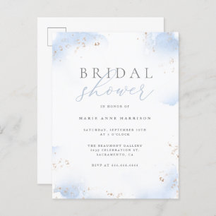 Chic Dusty Blue Ombre Gold Dust Bridal Shower Invitation Postcard