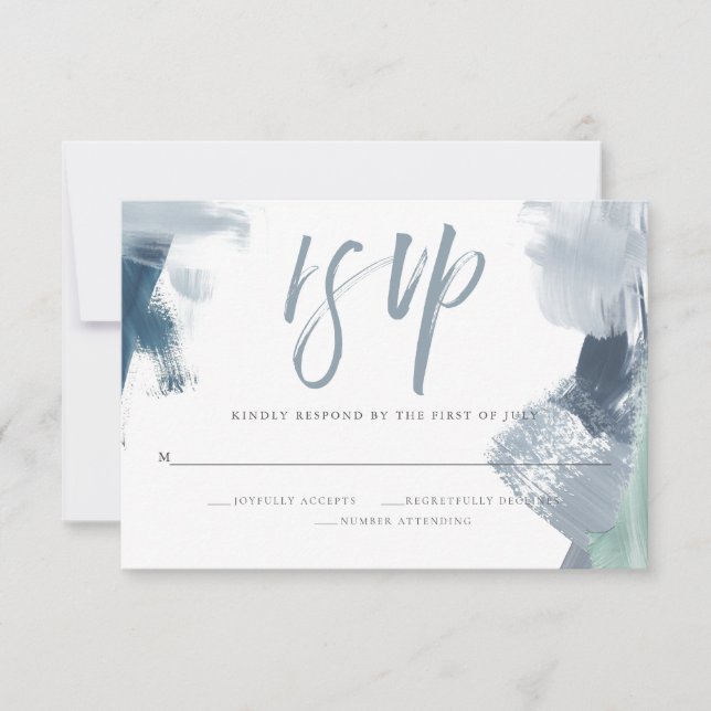 Chic Dusty Blue Painted Strokes Meal Choice RSVP Card (Front)
