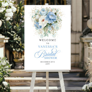 Chic Dusty Blue Peonies Bridal Shower Welcome Poster