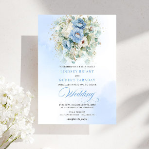 Chic Dusty Blue Peony Botanical Gold Wedding Invit Invitation