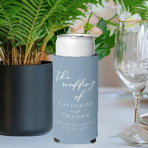 Chic Dusty Blue Personalised Coastal Wedding Seltzer Can Cooler