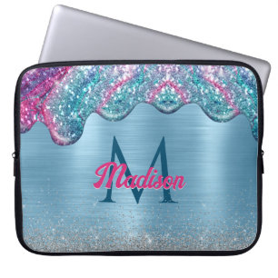 Chic dusty blue purple drips dripping monogram laptop sleeve