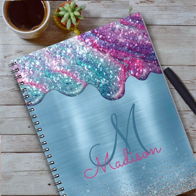 Chic dusty blue purple drips dripping monogram notebook (Creator Uploaded)