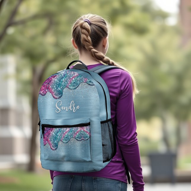 Chic dusty blue purple drips dripping monogram printed backpack (Creator Uploaded)