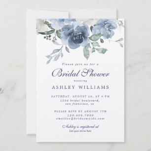 Chic Dusty Blue Rose Navy Blue White Bridal Shower Invitation