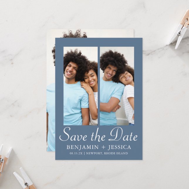 Chic Dusty Blue Script Photo Wedding Save the Date (Front/Back In Situ)