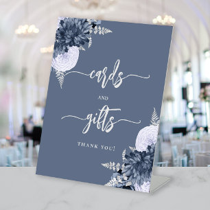 Chic Dusty Blue Silver Floral Wedding Cards Gifts Pedestal Sign