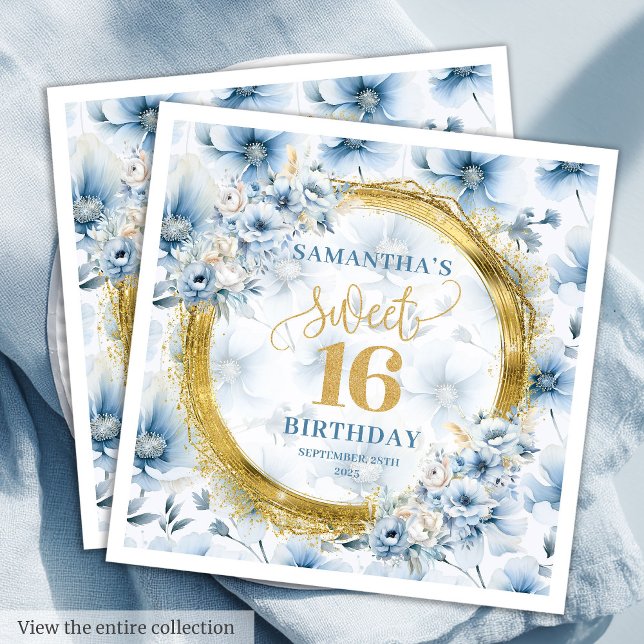 Chic Dusty Blue Sweet Sixteen Gold Glitter Napkins (Chic Dusty Blue Sweet Sixteen Gold Glitter Napkins)