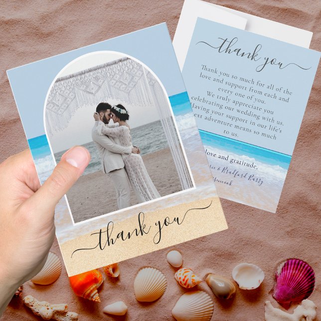 Chic Dusty Blue Tropical Beach Photo Arch Thank You Card (Creator Uploaded)