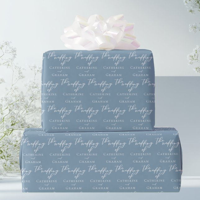 Chic Dusty Blue Typography Personalised Wedding Wrapping Paper (Creator Uploaded)