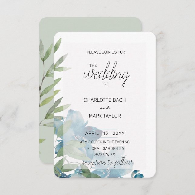 Chic Dusty Blue Watercolor Floral Invitation (Front/Back)