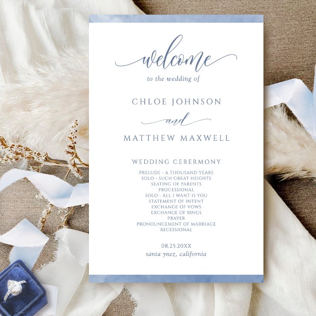 Chic Dusty Blue Watercolor Frame Wedding Program (Creator Uploaded)