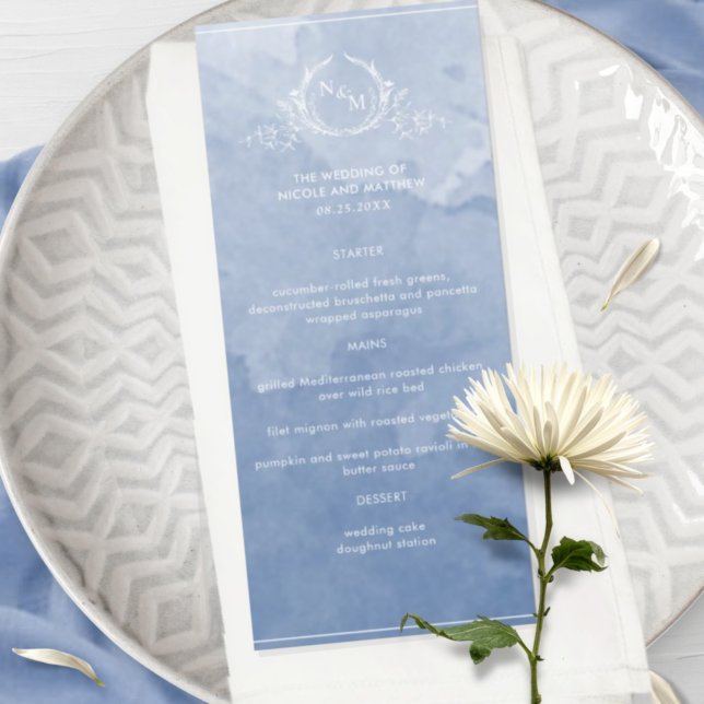 Chic Dusty Blue Watercolor, Monogram Wedding Menu (Creator Uploaded)