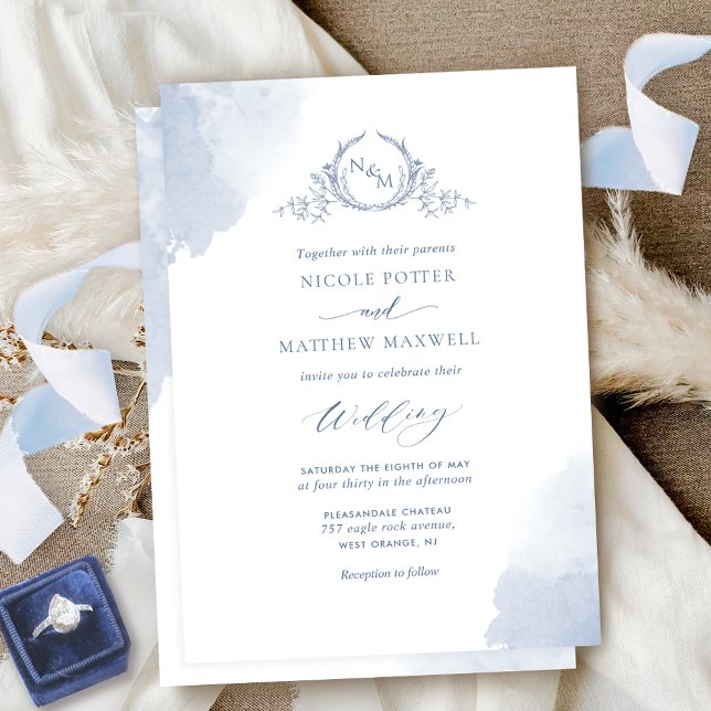 Chic Dusty Blue Watercolor Stains Monogram Wedding Invitation (Creator Uploaded)