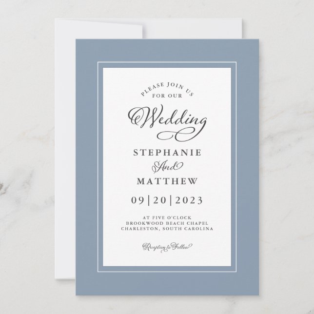 Chic Dusty Blue Wedding Modern Elegant Borders Invitation (Front)