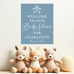 Chic Dusty Blue White Baby Shower Welcome Poster