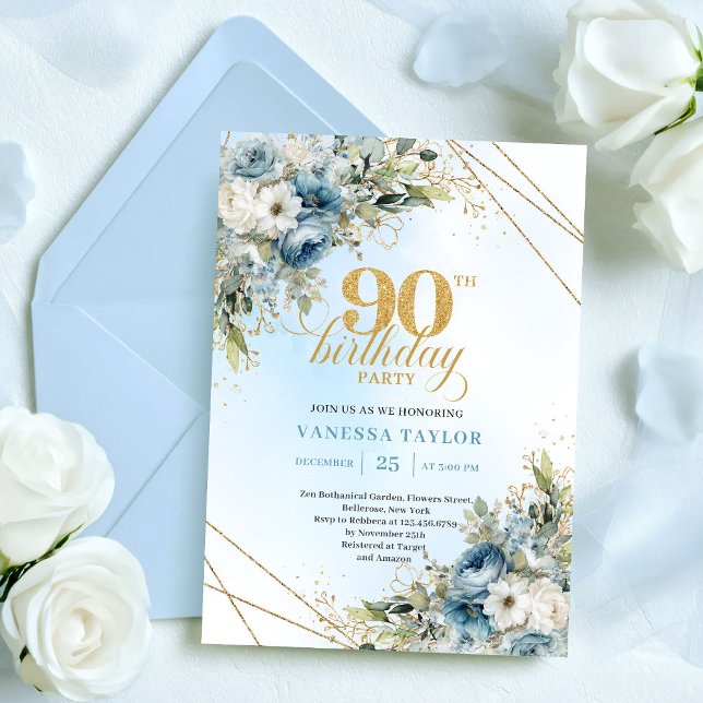 Chic Dusty Blue White Flowers 90th Birthday Invite (Chic Dusty Blue White Flowers 90th Birthday Invite

)