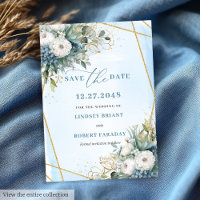Chic Dusty Blue White Gold Floral Save The Date