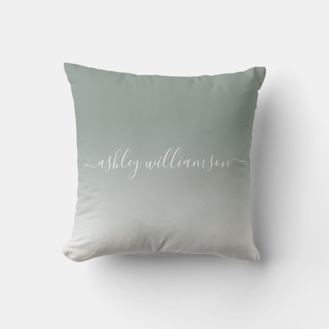 Chic Dusty Green White Ombre Effect Monogram Name Cushion (Front)