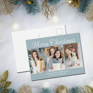 Chic Dusty Grey Blue Merry Christmas Photo Collage Holiday Postcard