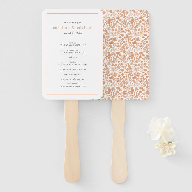 Chic Dusty Pink Ditzy Floral Wedding Program Hand Fan (Front and Back)