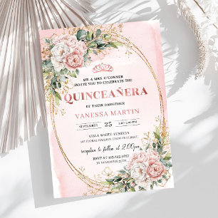 Chic Dusty Pink Floral Eucalyptus Quince Invites