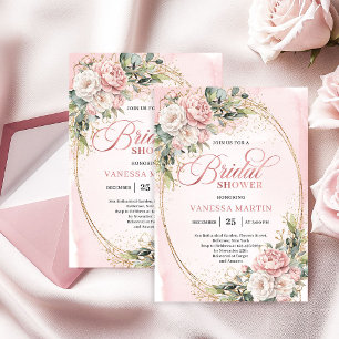 Chic Dusty Pink Floral Gold Glitter Bridal Shower Invitation