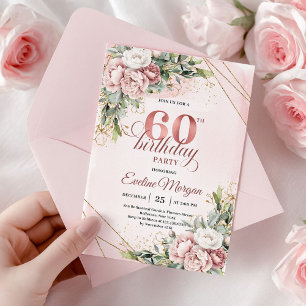 Chic Dusty Pink Floral Watercolor 60th Birthday   Invitation