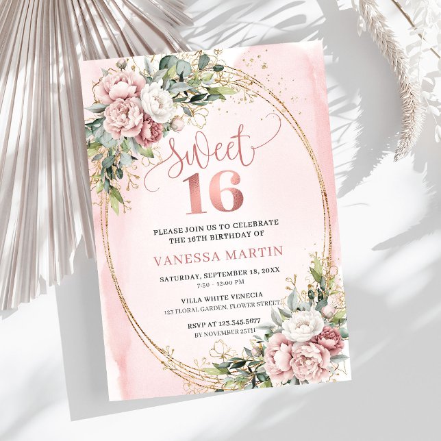 Chic Dusty Pink Flowers Eucalyptus 16th Birthday  Invitation (Chic Dusty Pink Flowers Eucalyptus 16th Birthday Invitation

)