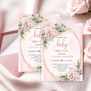 Chic Dusty Pink Flowers Eucalyptus Baby Shower Gir Invitation