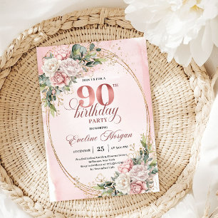 Chic Dusty Pink Gold Eucalyptus 90th Birthday  Invitation