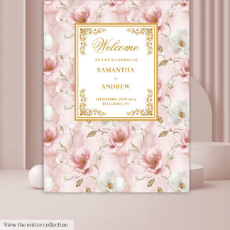 Chic dusty pink ivory floral gold wedding banner tapestry