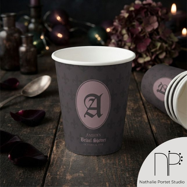 Chic Dusty Pink Monogram Fleur-de-Lis  Paper Cups (Moody dusty pink monogram and dark purple fleur de lis pattern for alternative wedding bridal shower)