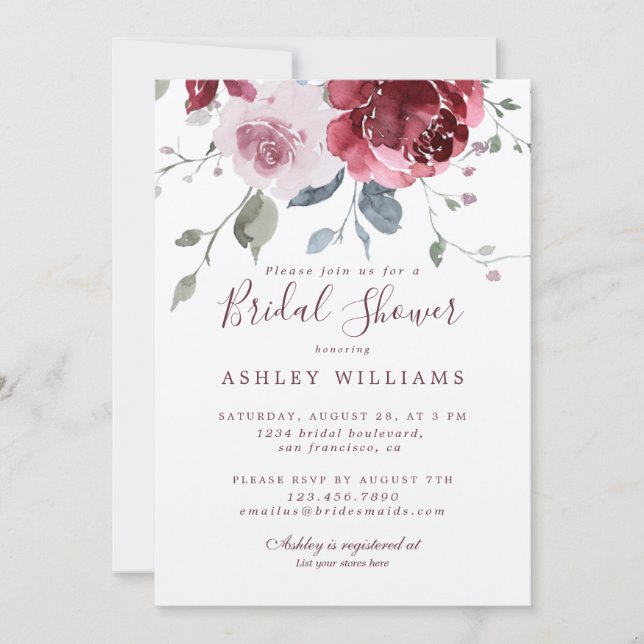 Chic Dusty Pink Rose Burgundy Bridal Shower Invitation (Front)