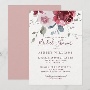 Chic Dusty Pink Rose Burgundy Bridal Shower Invitation