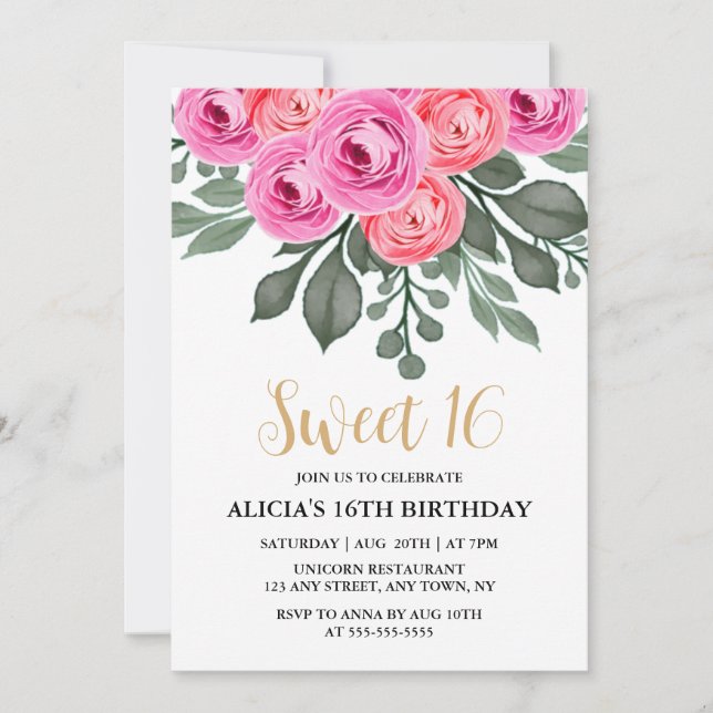 Chic Dusty Pink Rose Greenery Sweet 16 Birthday Invitation (Front)