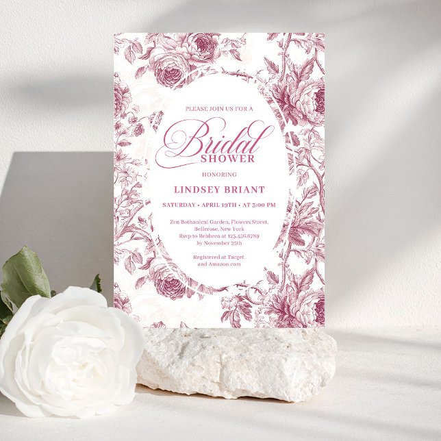 Chic Dusty Pink Toile Roses Pattern Bridal Shower  Invitation (Chic Dusty Pink Toile Roses Pattern Bridal Shower Card

)