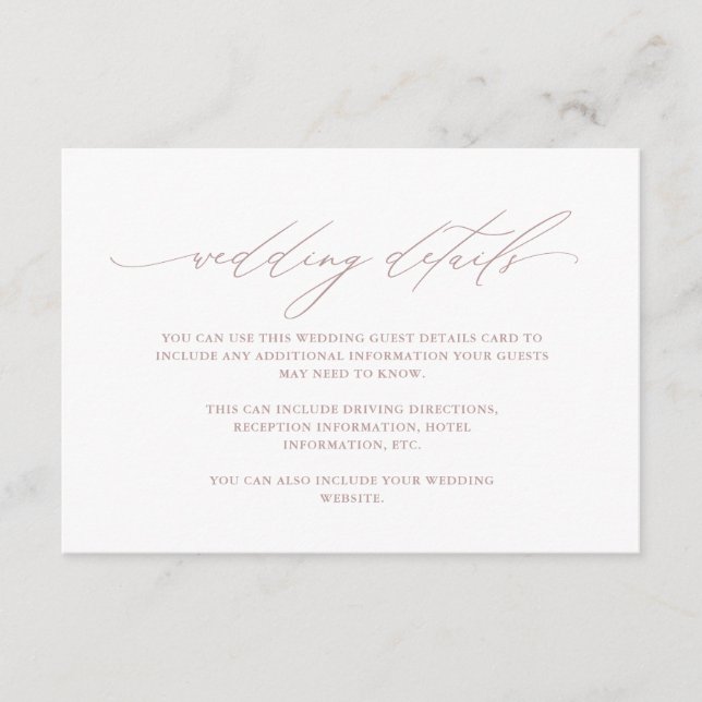 Chic Dusty Rose Calligraphy Wedding Guest Details Enclosure Card (Front)
