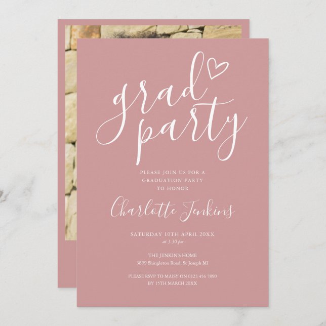 Chic Dusty Rose Grad Party Photo Graduation Party Invitation (Front/Back)