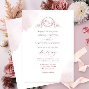 Chic Dusty Rose Watercolor Stains Monogram Wedding Invitation