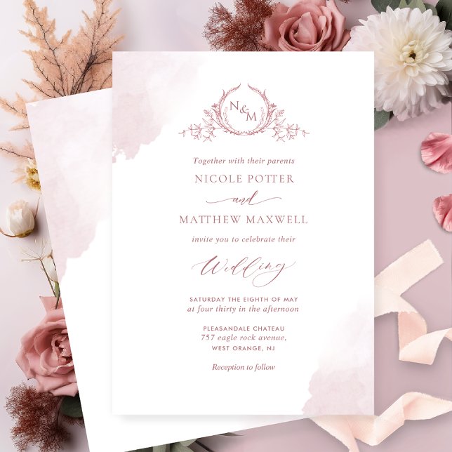 Chic Dusty Rose Watercolor Stains Monogram Wedding Invitation (Creator Uploaded)