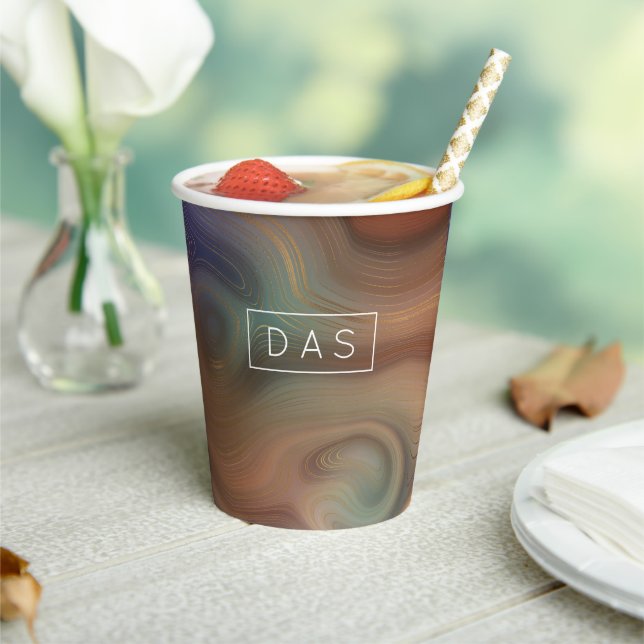 Chic Earthy Strata | Natural Copper Agate Monogram Paper Cups (Insitu)