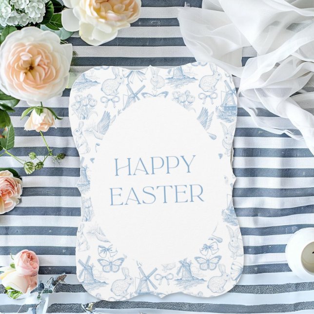 Chic Easter Toile Card - Dutch Blue Toile (Chic, elegant blue and white Toile Easter Card, featuring windmill, bunny, butterfly, bows)