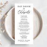 Chic Eat Drink Celebrate Wedding Menu<br><div class="desc">Chic menu for your wedding reception,  engagement party,  rehearsal dinner and other celebrations featuring "Eat,  Drink & Celebrate" in a mix of elegant serif typography and a modern script,  your customised menu in simple typography,  and your first names and event date.</div>
