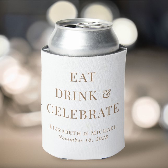 Chic Eat Drink Celebrate White Gold Wedding Can Cooler (Creator Uploaded)