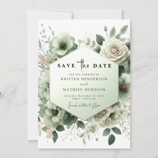 Chic Editable Botanical Sage Green Wedding Save The Date (Front)