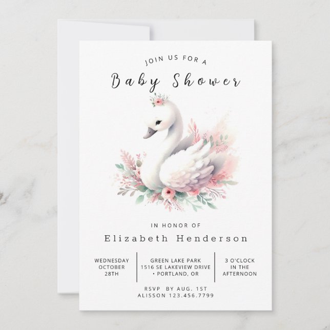 Chic Editable Swan Baby Shower Invitation (Front)