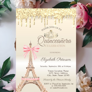 Chic Eiffel Tower Bow Drips Gold Quinceañera Invitation