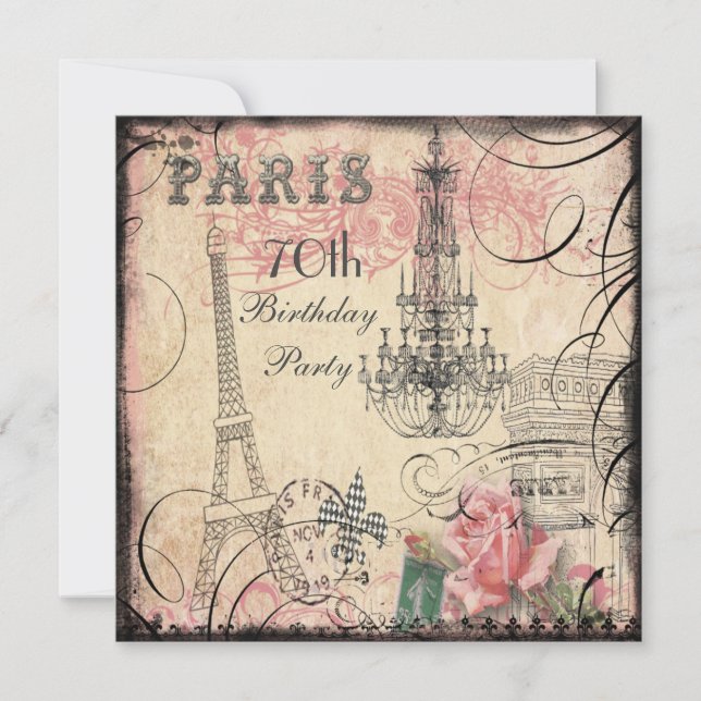 Chic Eiffel Tower & Chandelier 70th Birthday Invitation (Front)
