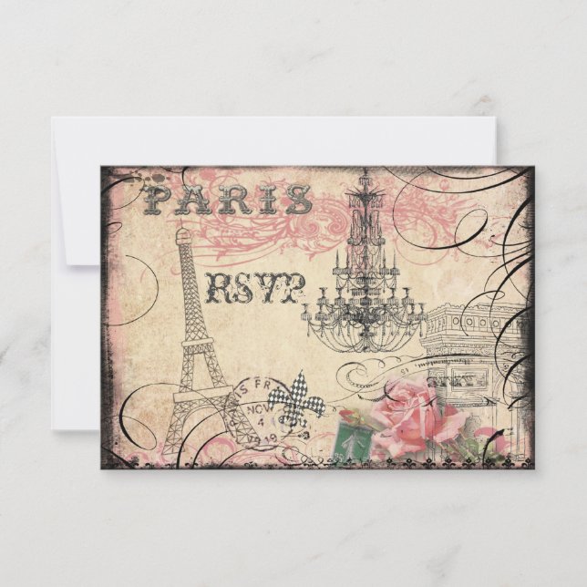 Chic Eiffel Tower & Chandelier RSVP Card (Front)